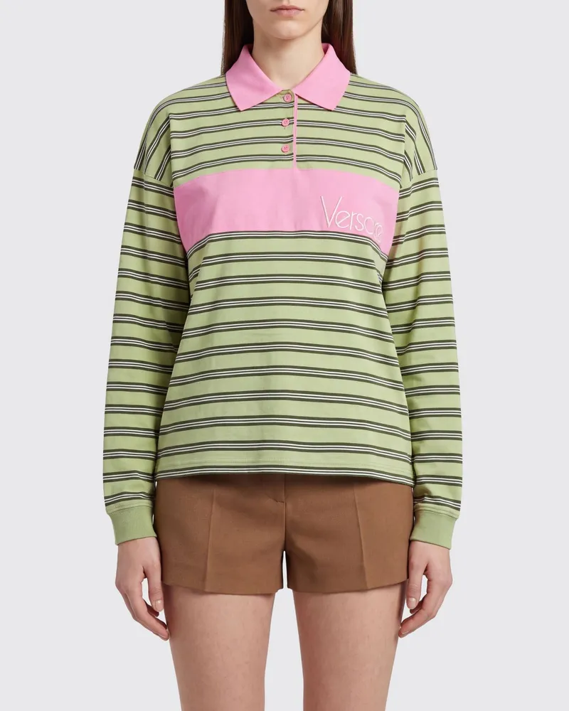 Versace Langarm-Poloshirt aus Baumwolle mit Streifenmuster und Logo Zitronengelb