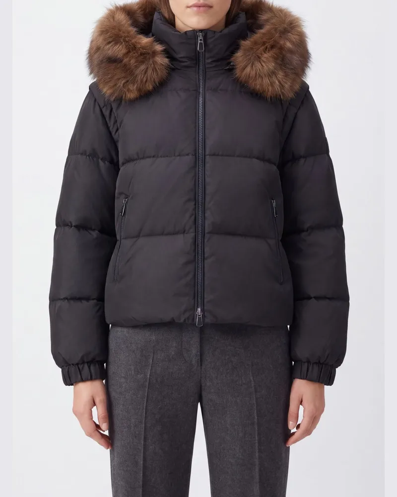 Pinko Godetia Nylon-Daunenjacke mit Kapuze, Fellkragen und abnehmbaren Ärmeln Braun