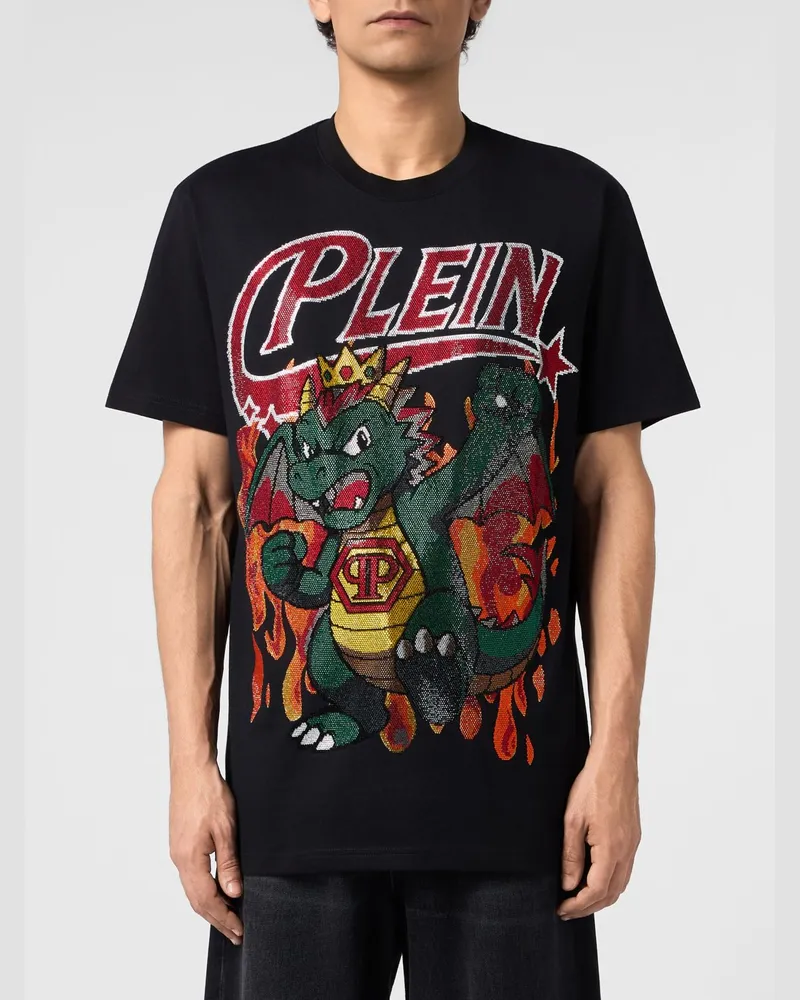 Philipp Plein Baumwoll-T-Shirt mit strassverziertem Grafik-Print Schwarz