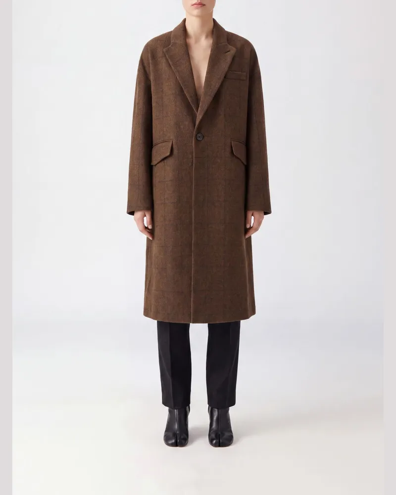 Maison Margiela Langer einreihiger Wollmantel mit Karomuster und steigendem Revers Braun
