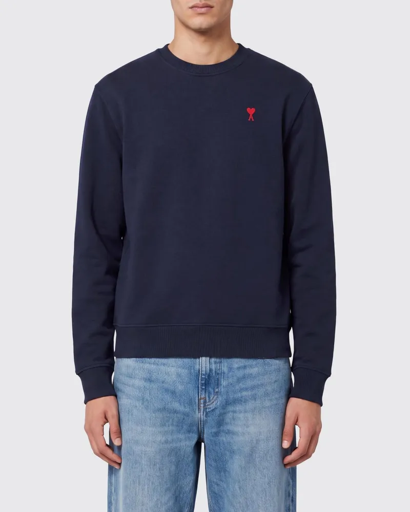 AMI Paris Relaxed-Fit Baumwoll-Sweatshirt mit Rundhalsausschnitt und Kontrast-Logostickerei Blau