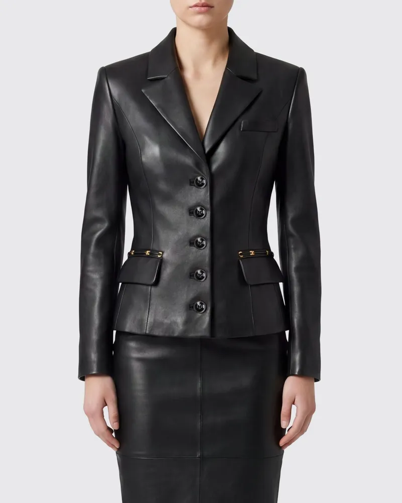 Elisabetta Franchi Slim Fit Lederblazer mit steigendem Revers Schwarz