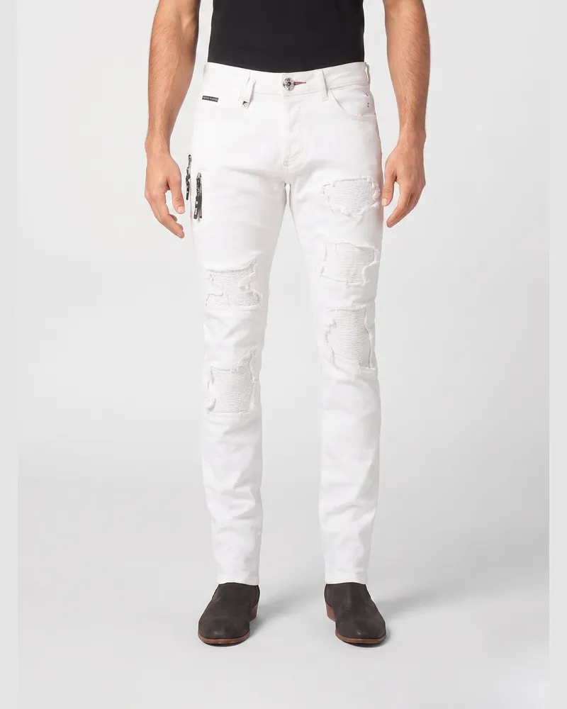 Philipp Plein Skinny Fit Jeans aus Distressed Denim Weiß