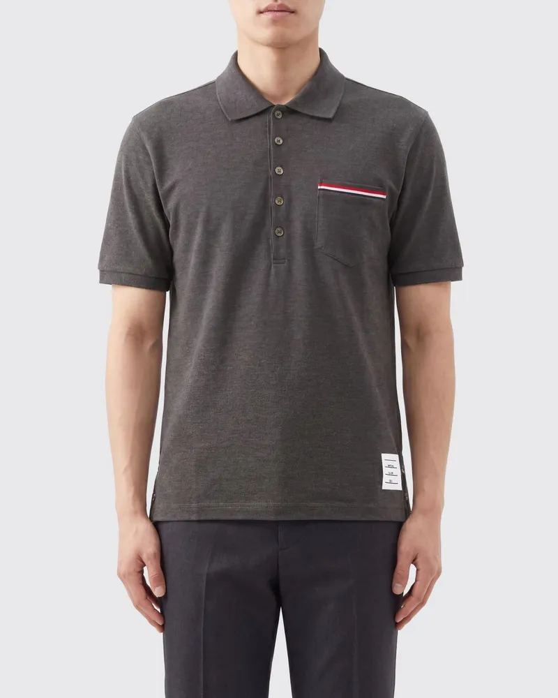 Thom Browne Kurzarm-Polohemd aus Piqué-Baumwolle mit Bar-Logo Grau