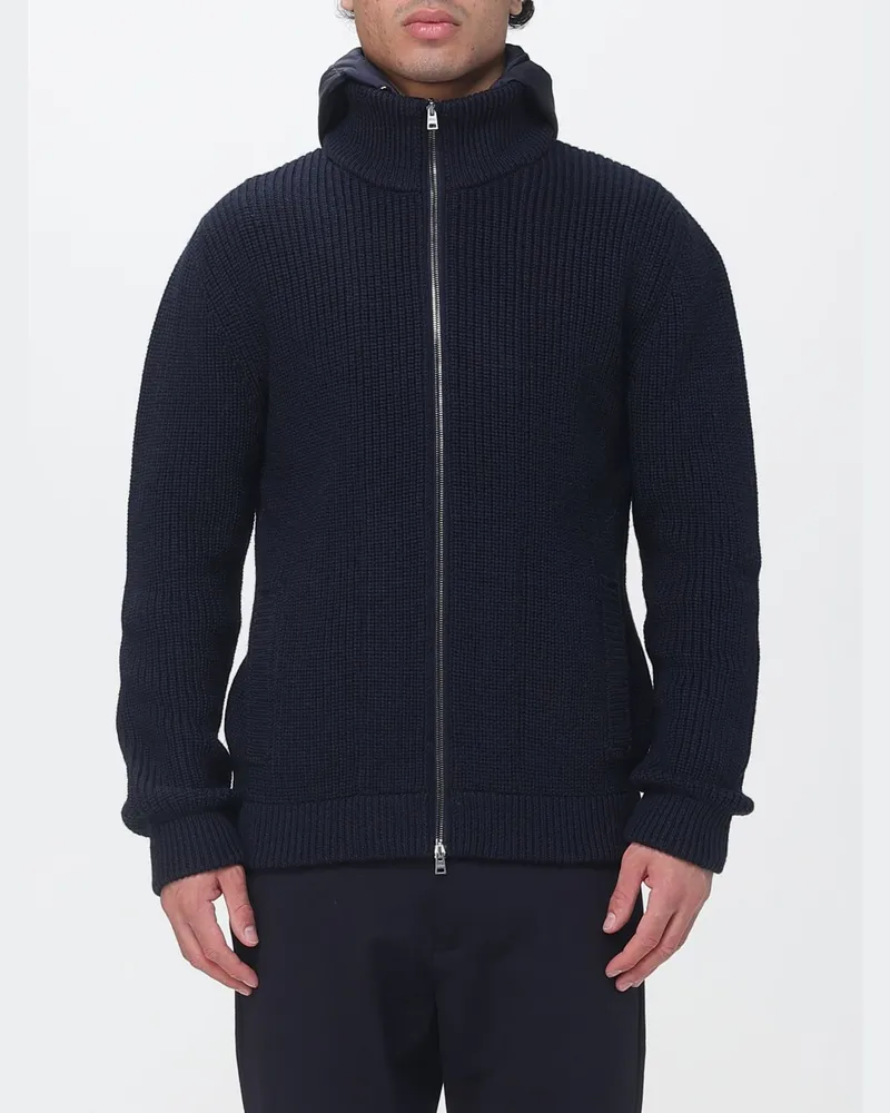 Herno Cardigan aus Schurwolle mit Nylon-Latz und abnehmbarer Kapuze Blau