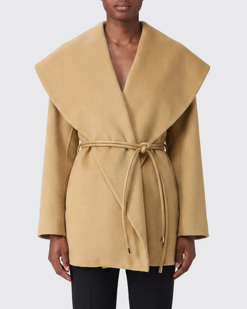 SPORTMAX Kurzer Bademantel-Mantel von aus Schurwolle mit Gürtel und Matrosenkragen Beige