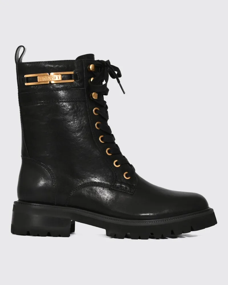Twin-Set Leder-Combat-Boots mit Profilsohle und seitlichem Reißverschluss Schwarz