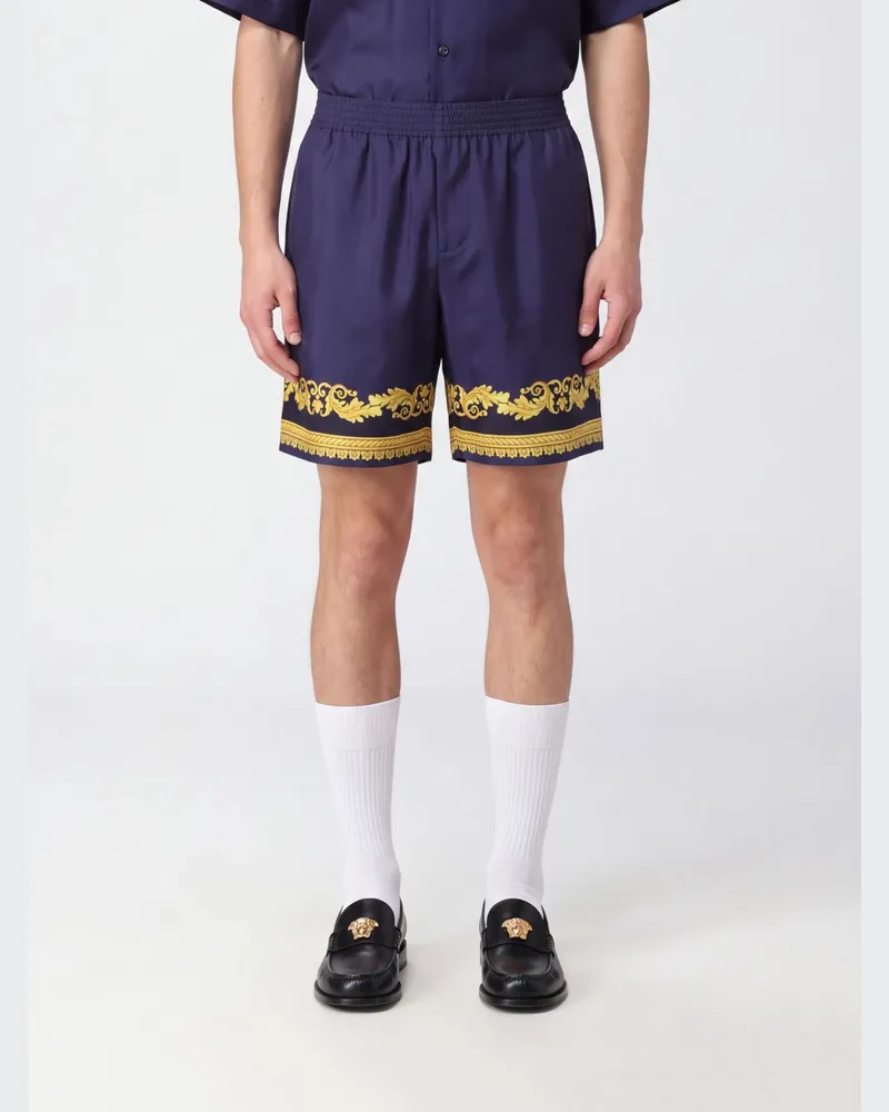 Versace Sportshorts aus Seide mit Barock-Print und elastischem Bund Navy