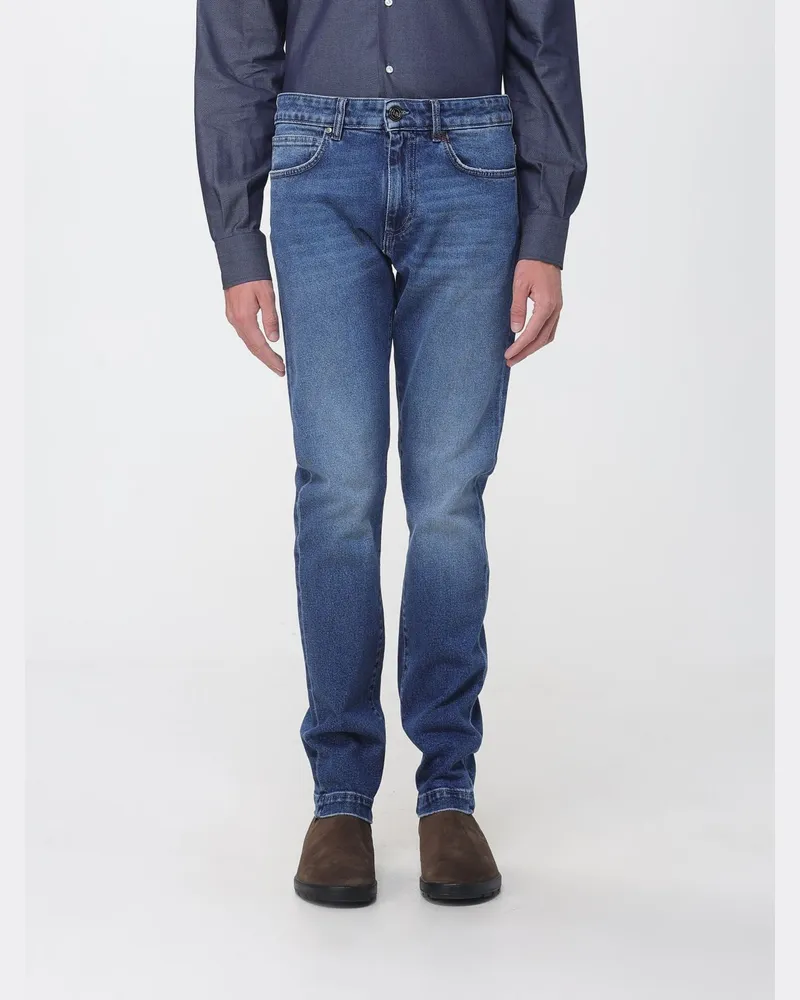 Luciano Barbera Slim-Fit-Skinny-Jeans mit mittlerer Leibhöhe aus Baumwolldenim Blau