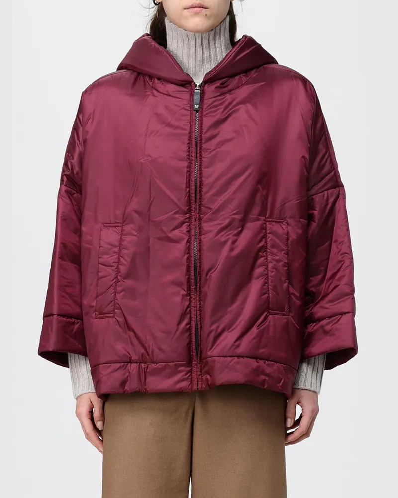 Max Mara Wasserabweisende kurze Daunenjacke mit Kapuze und Kamelfüllung Rot