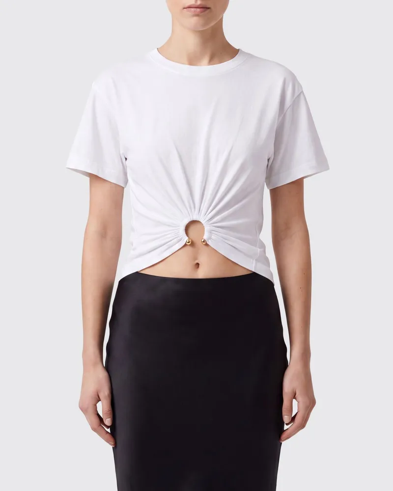Paco Rabanne Gerafftes Cropped T-Shirt aus Baumwolle mit Ringdetail Weiß