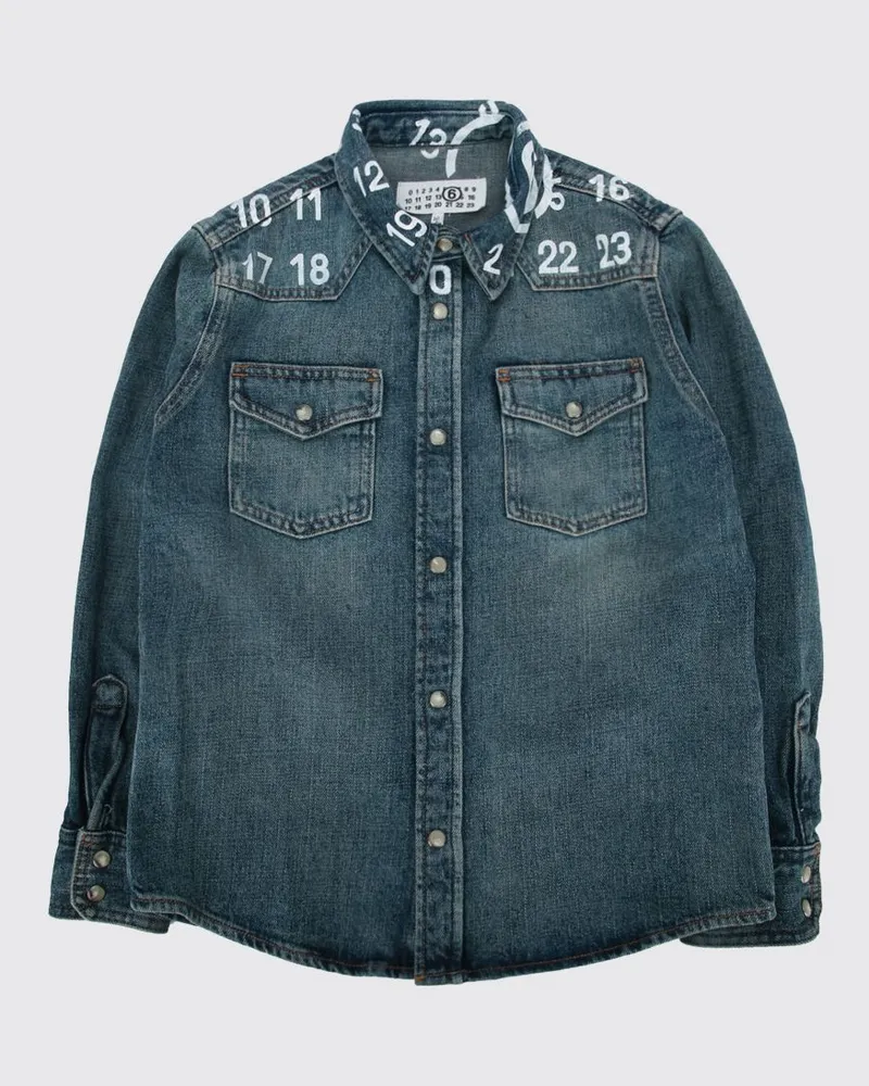 Maison Margiela Jungenhemd aus Baumwolldenim mit Numeric-Logo und Taschen Blau