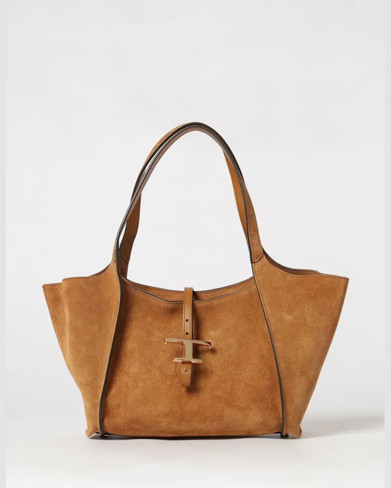 TOD'S T Timeless Schultertasche aus Velourskalbsleder mit Reißverschluss Burnt