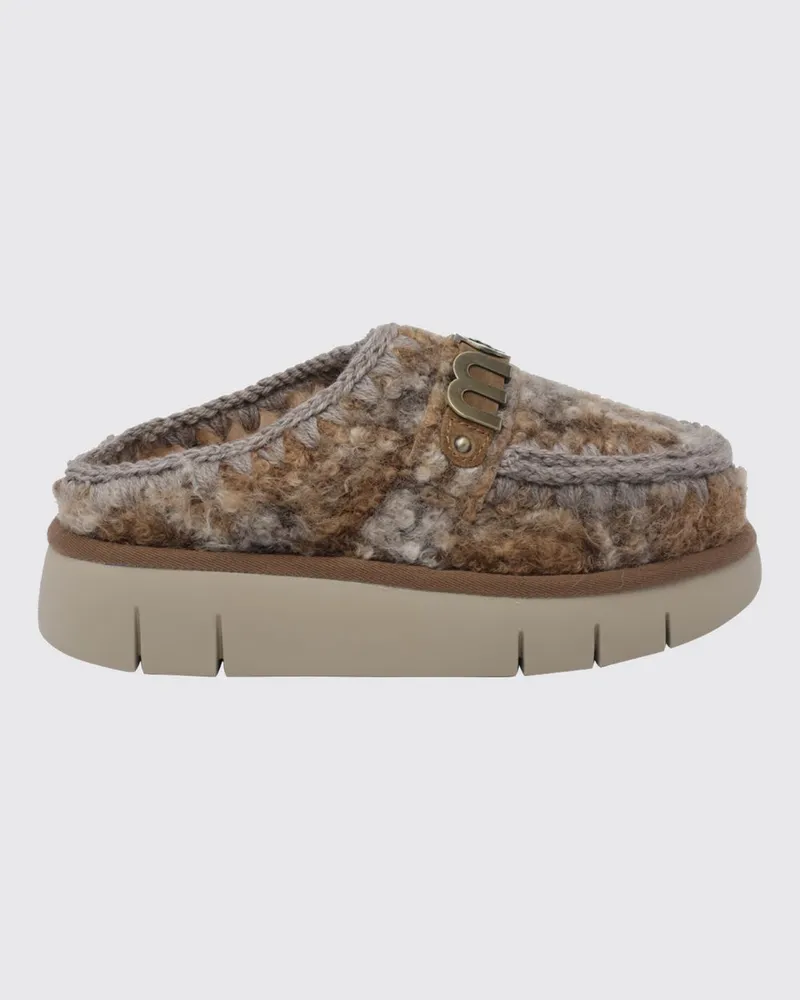 Mou Bounce Shearling-Mules mit sichtbaren Nähten und Metall-Logo Beige