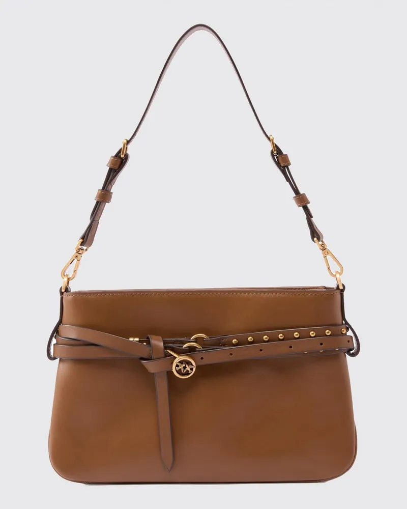 Pinko Gürteltasche aus Kalbsleder mit metallischem Love Birds-Logo Braun