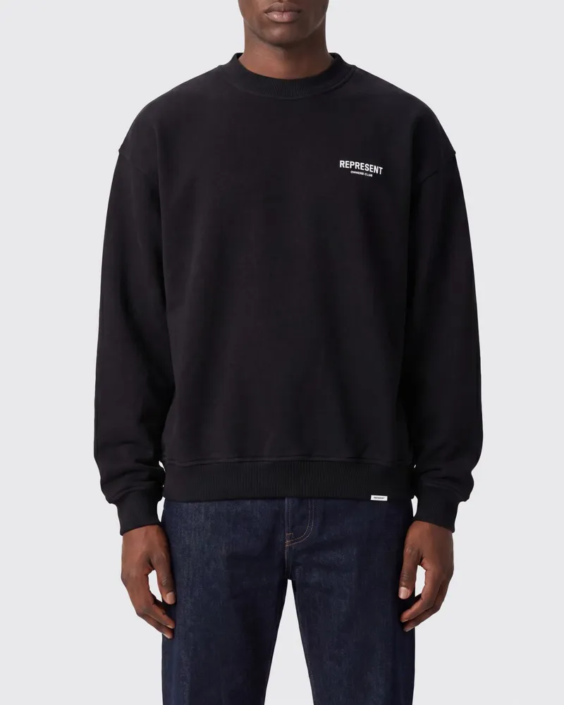 REPRESENT Baumwoll-Sweatshirt mit Rundhalsausschnitt, Logo-Print und überschnittenen Schultern Schwarz