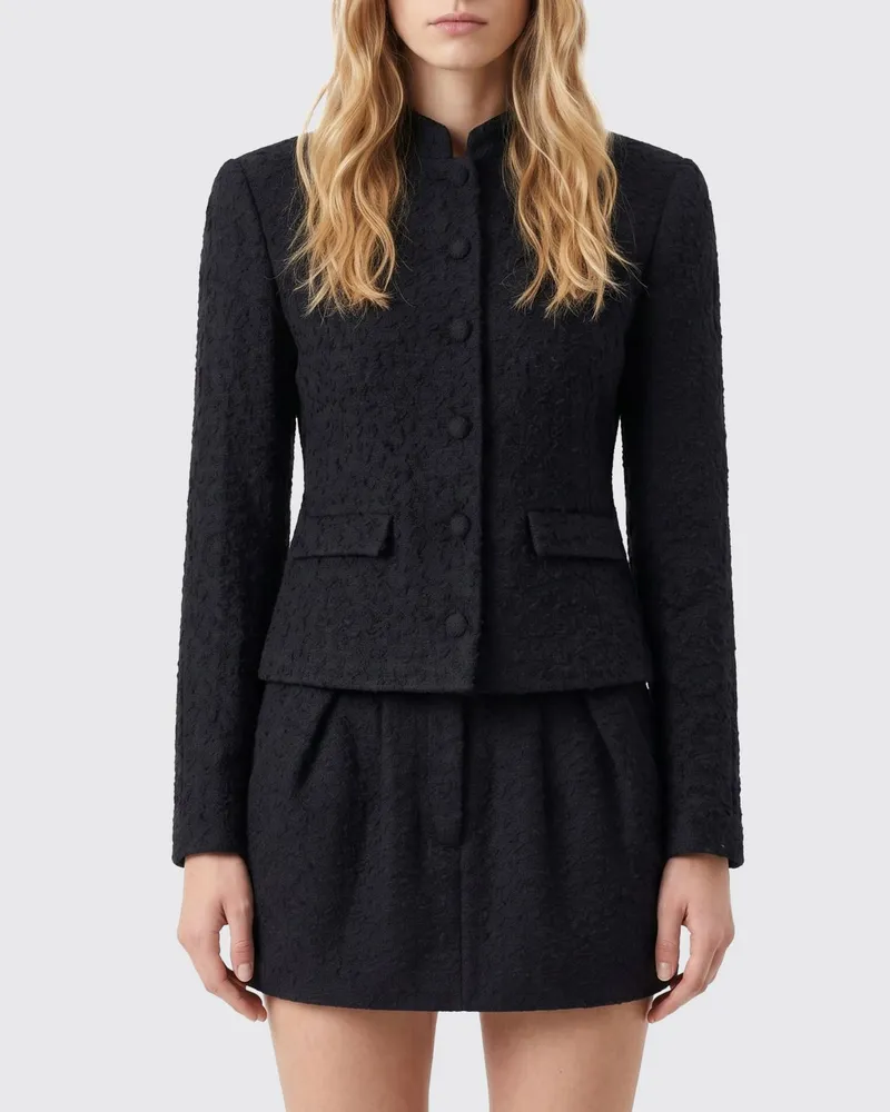 Magda Butrym Kurzer einreihiger Blazer aus Woll-Bouclé mit Stehkragen Schwarz
