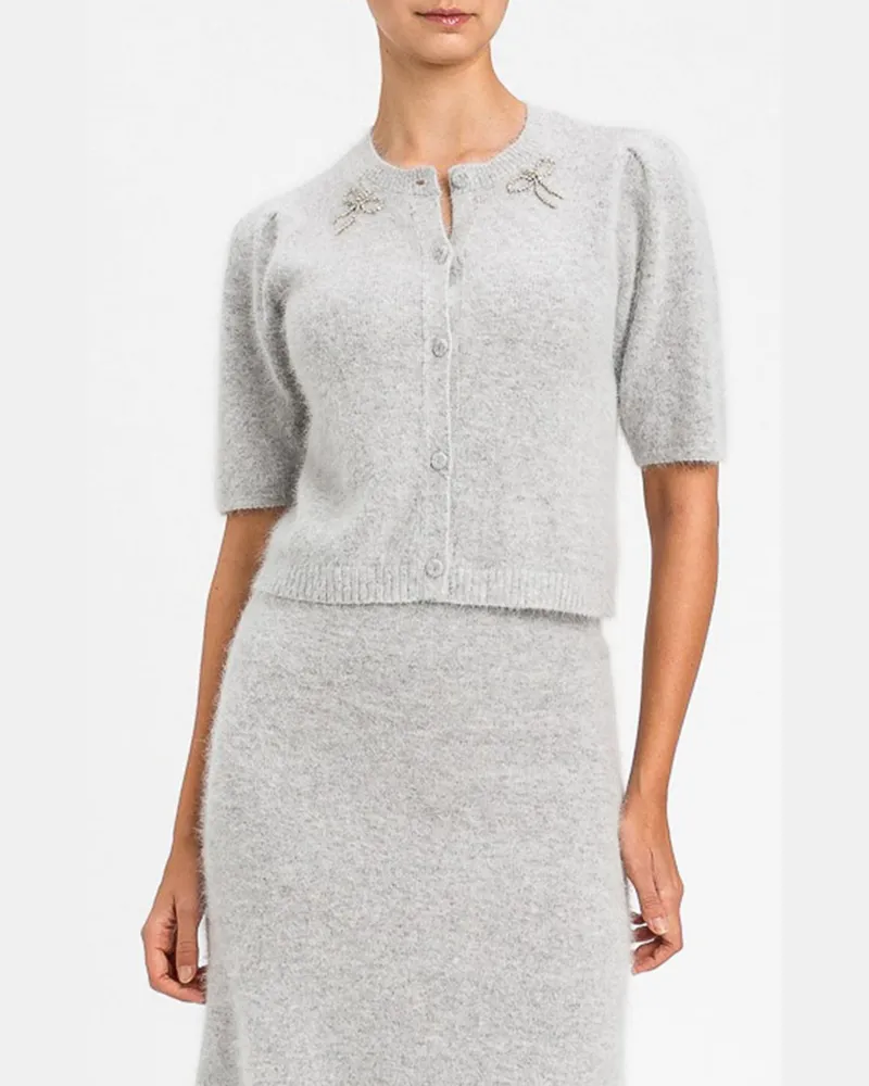 Twin-Set Wollmischung-Cardigan mit Puffärmeln und Kristallverzierung Grau