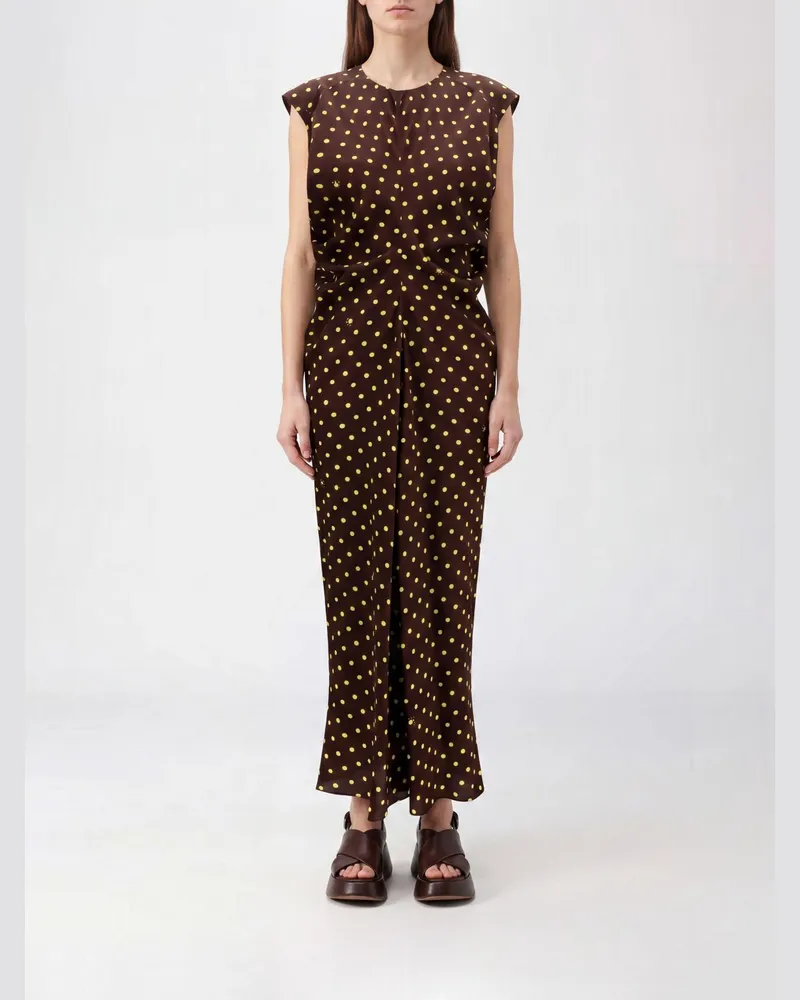 Marni Midi-Tunika aus Seidenmix mit Polka-Dots, gepolsterten Schultern und Bindeband Braun