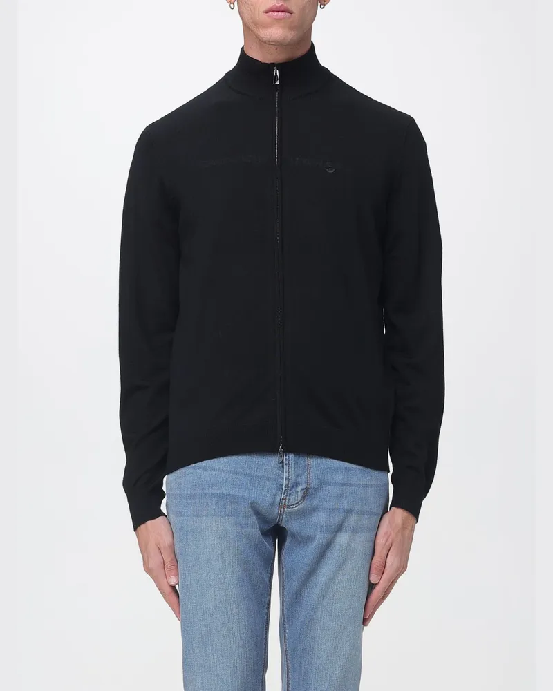 Emporio Armani Strickjacke aus Schurwolle mit Reißverschluss, Stehkragen und Rippbündchen Schwarz