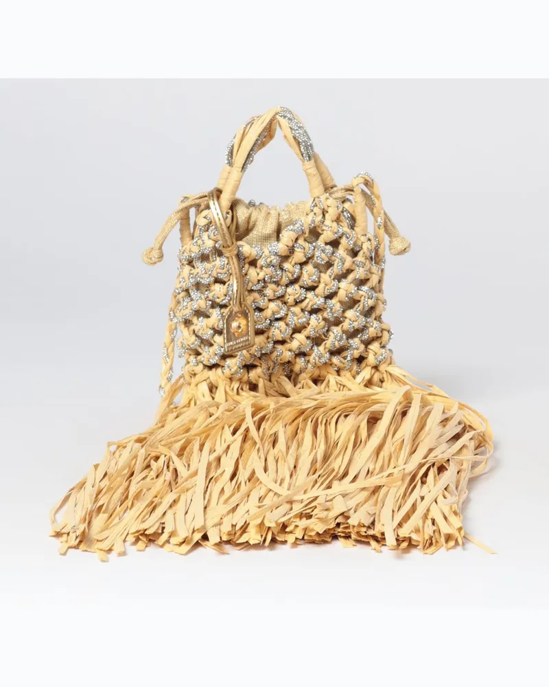 Kurt Geiger Geflochtene Raffia-Minitasche von mit Fransen und Kristallverzierungen Beige