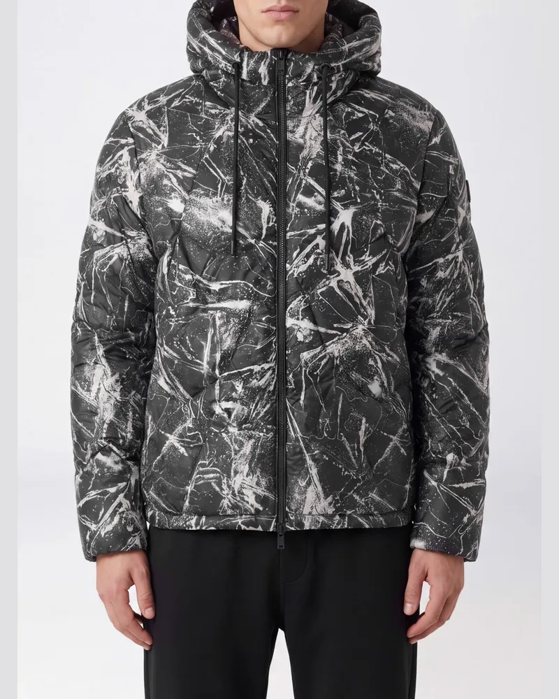 Moose Knuckles Daunenjacke mit abstraktem Druck und Kapuze von aus recyceltem Nylon Grau