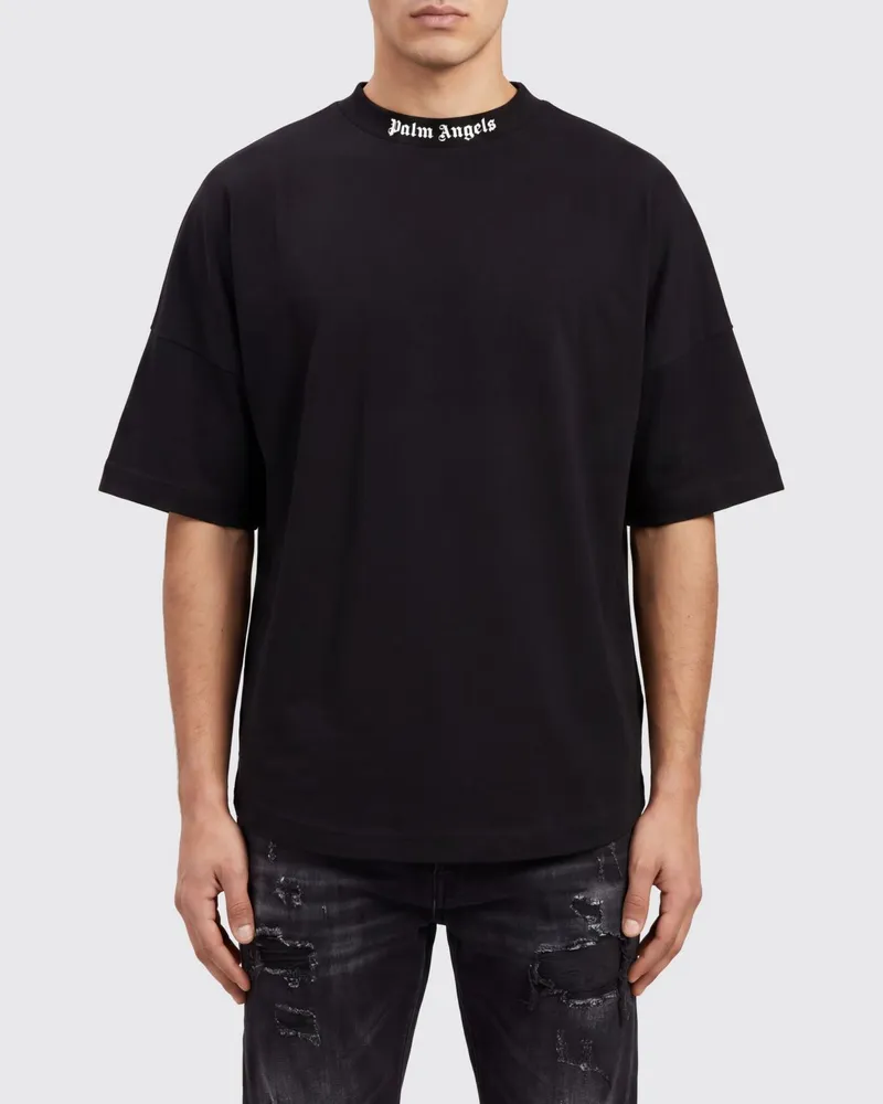 Palm Angels Locker geschnittenes Baumwoll-T-Shirt mit kontrastierendem Logo Schwarz