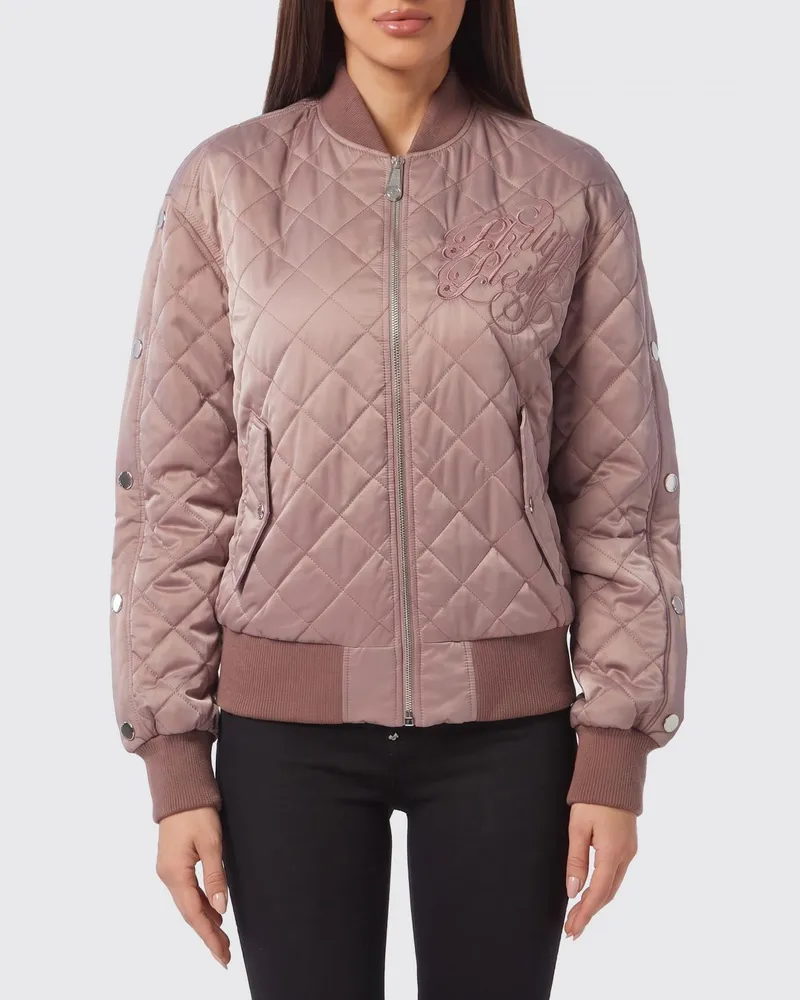 Philipp Plein Kurze, gesteppte Nylon-Bomberjacke von mit besticktem Kragen Pink
