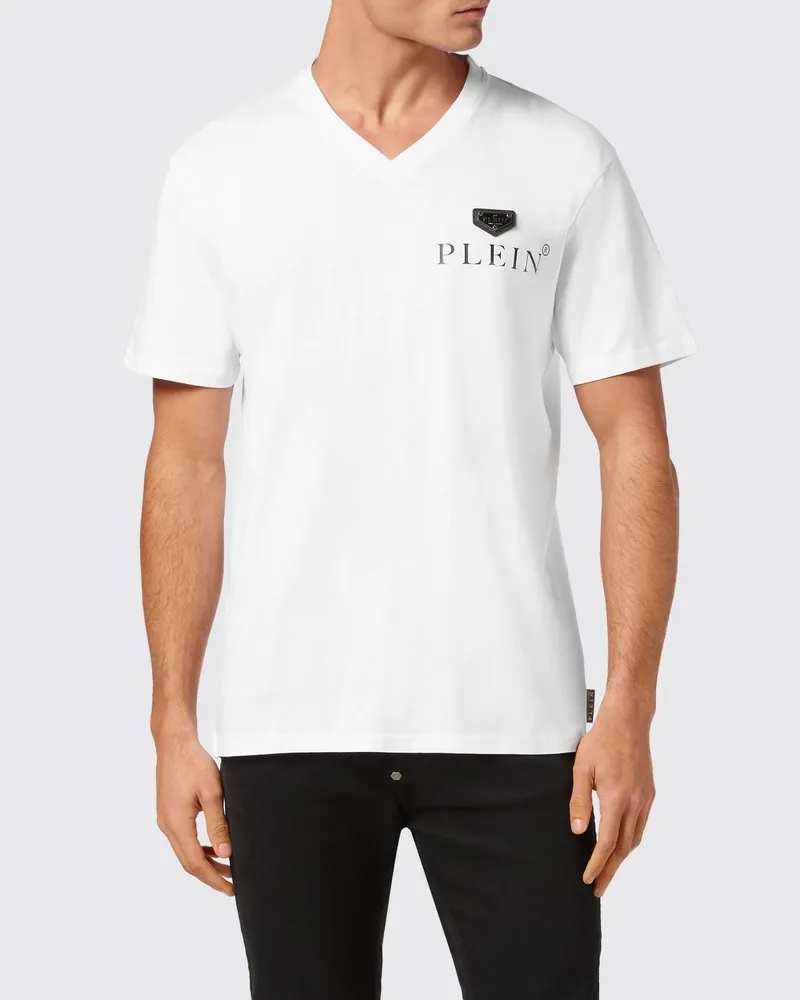 Philipp Plein Slim-Fit V-Ausschnitt T-Shirt aus Baumwolle mit Logo Weiß