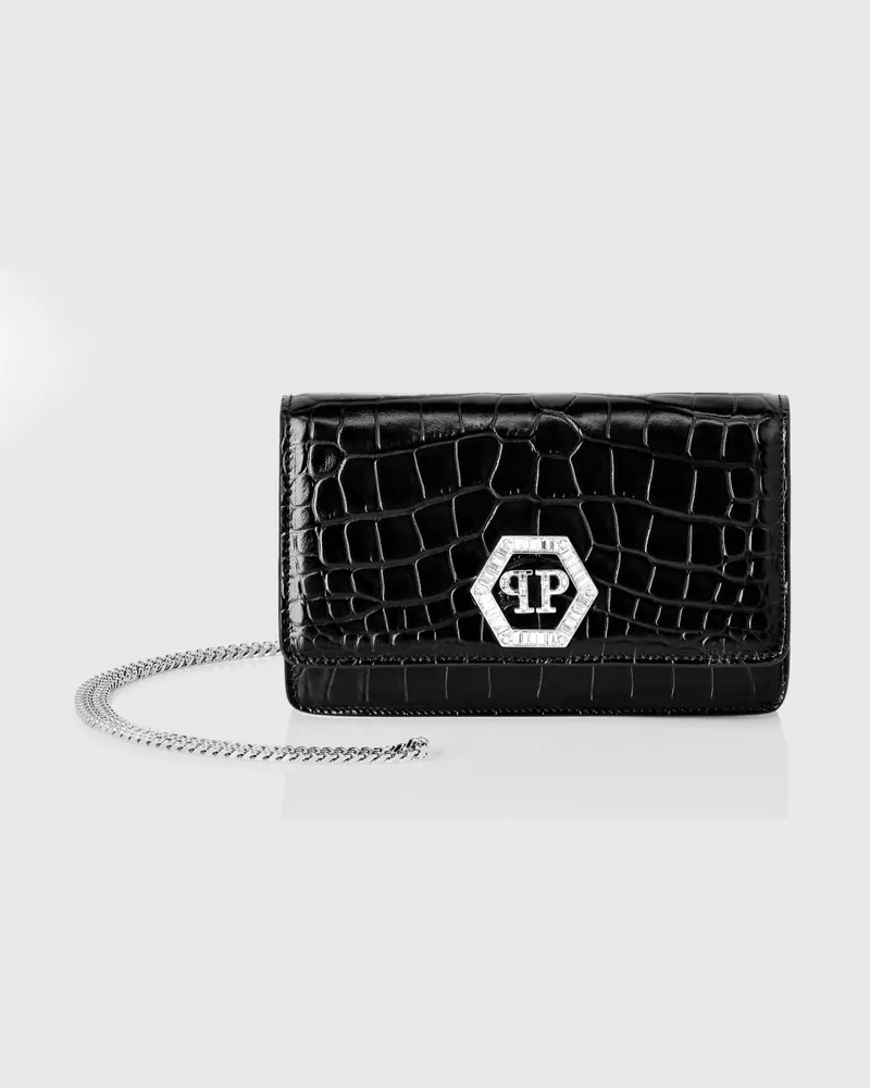 Philipp Plein Clutch aus Krokoprägung Leder mit Strass-Hexagon Schwarz