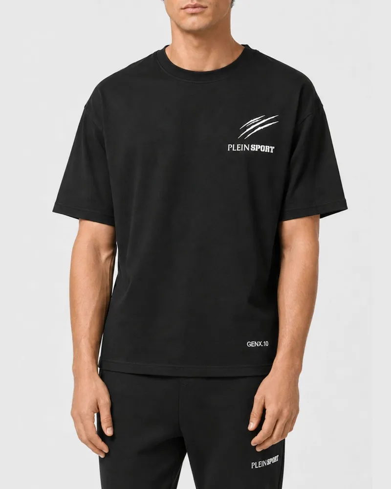 Philipp Plein Rundhals-T-Shirt aus reiner Baumwolle mit Kontrastlogo auf der Brust Schwarz