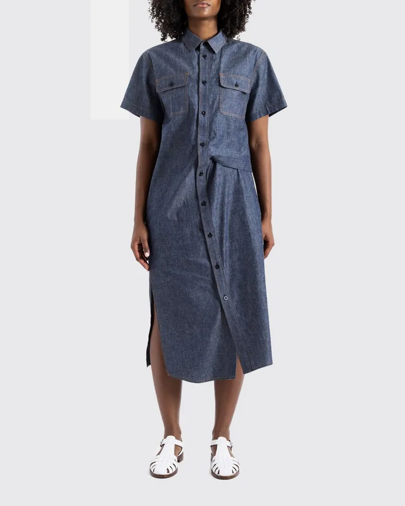 Sacai Asymmetrisches Midi-Hemdblusenkleid aus Baumwolldenim mit aufgesetzten Taschen Blau