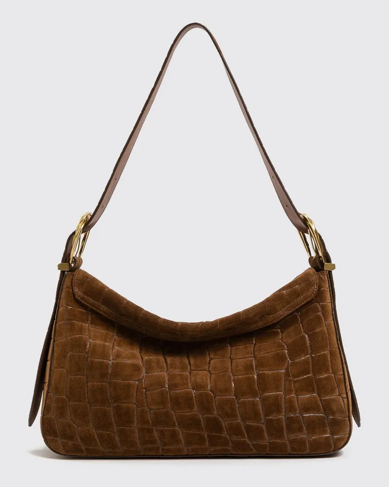 Twin-Set Schultertasche aus Veloursleder mit Animalier-Kroko-Prägung Braun