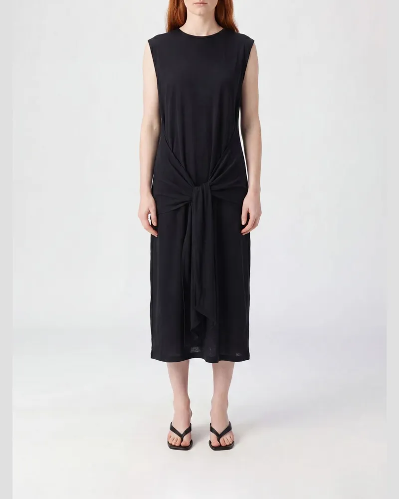 Totême Ärmelloses Etui-Midikleid aus Jersey mit Taillenknoten und Spitze Schwarz