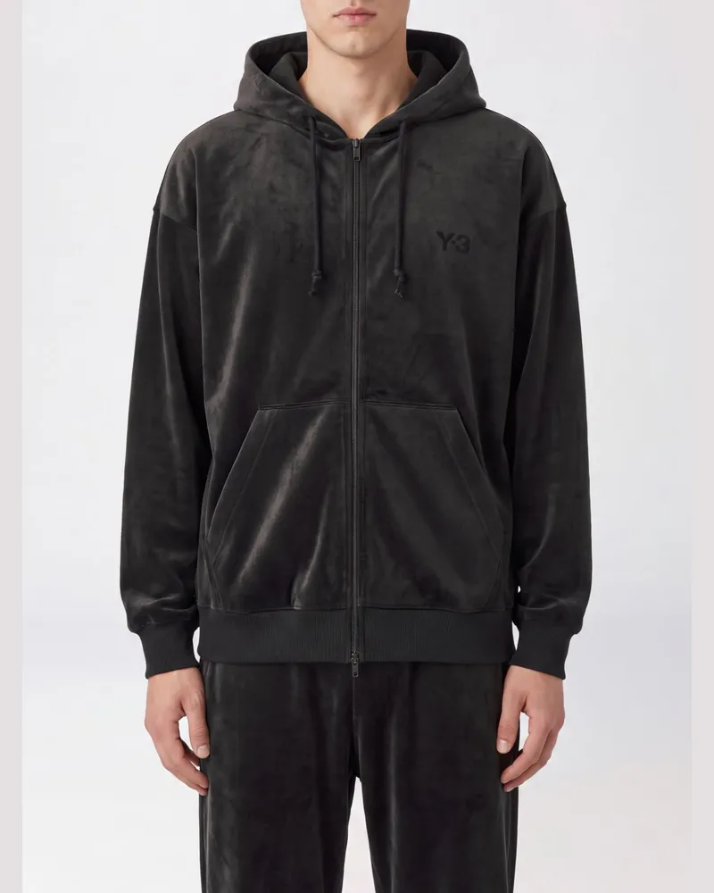 Y-3 Samt-Kapuzenjacke mit Reißverschluss mit Ton-in-Ton-Logo Schwarz