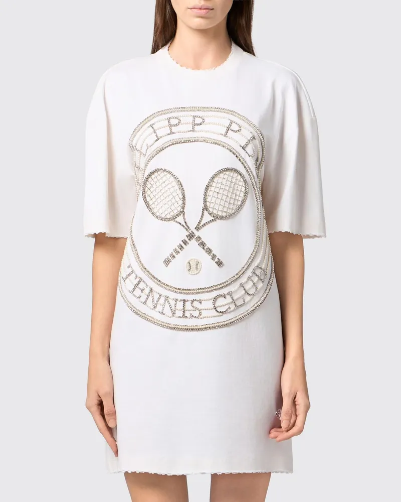 Philipp Plein Tennis Club Baumwoll-Etuikleid von in Minilänge mit Strass-Logo Weiß