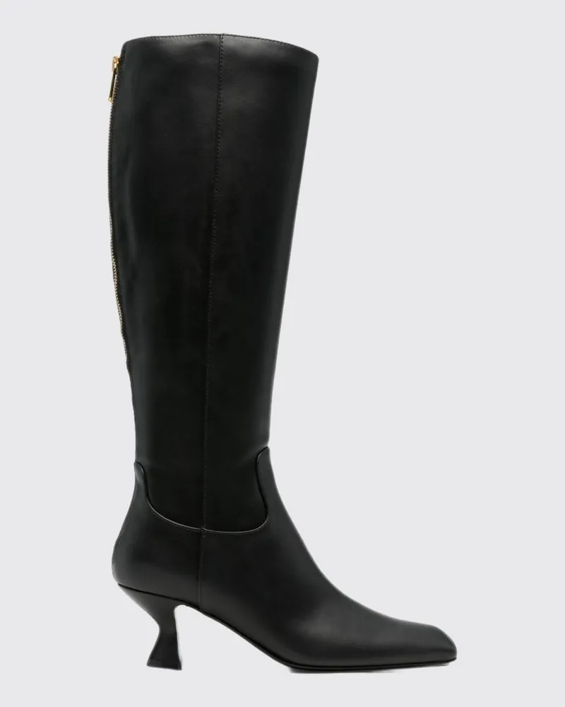 Sergio Rossi Hohe Stiefel aus Glattleder mit eckiger Zehenpartie und Spulenabsatz Schwarz
