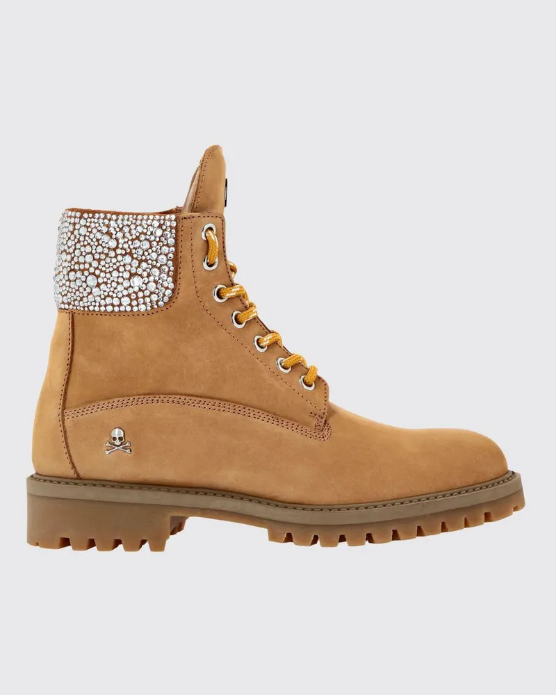 Philipp Plein Wildleder-Combat-Boots mit Kristallen und Skull-Detail Beige