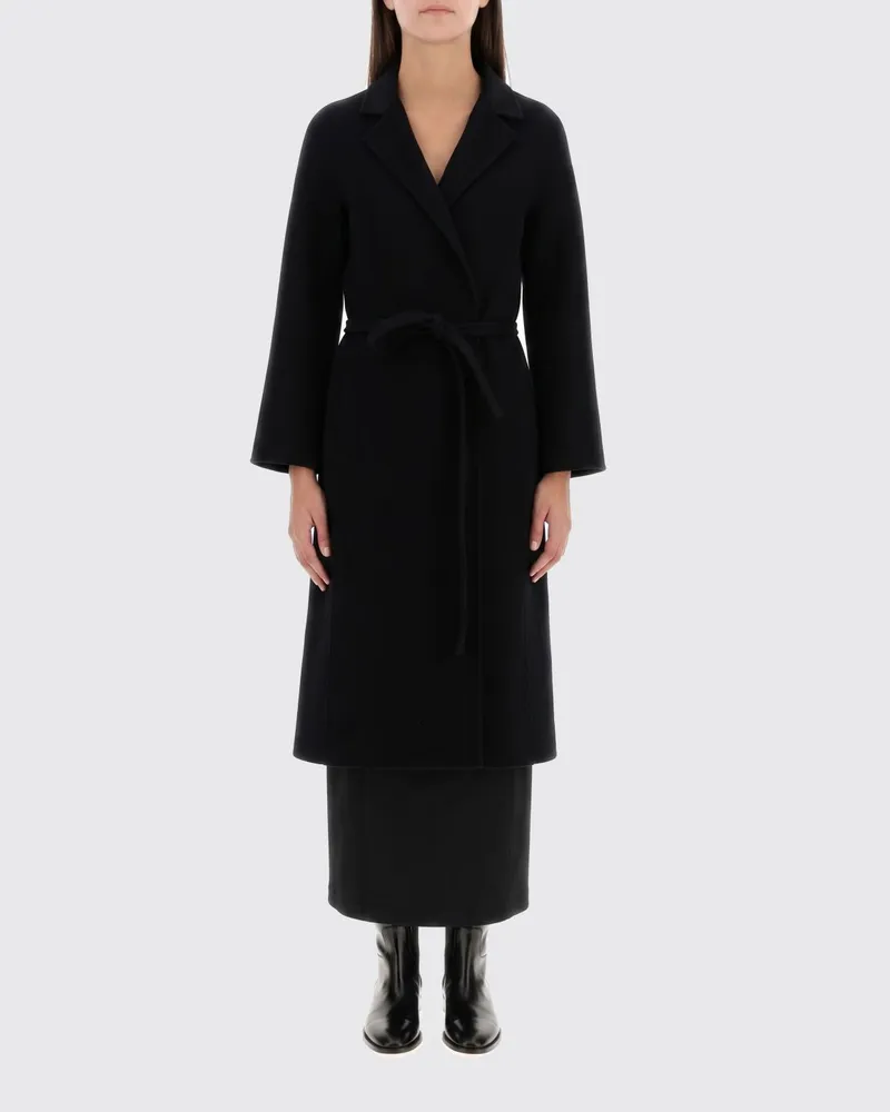 Jil Sander Langer Wollmantel von mit Gürtel und überschnittenen Schultern Schwarz