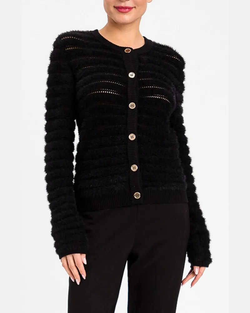 Twin-Set Ajour-Cardigan aus Wollmischung mit Rundhalsausschnitt Schwarz