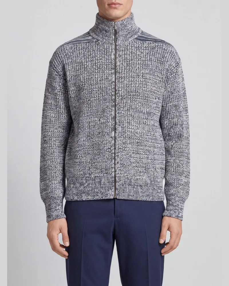 Ferragamo Zweifarbiger Reißverschluss-Cardigan mit Rollkragen aus Baumwoll- und Schurwollmischung Weiß