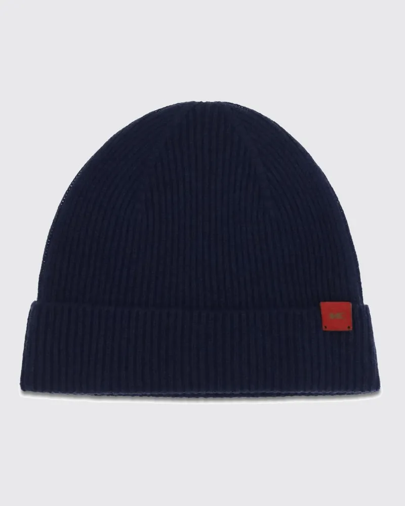 Kiton Gerippte Woll-Beanie mit Umschlag und appliziertem Logo Blau