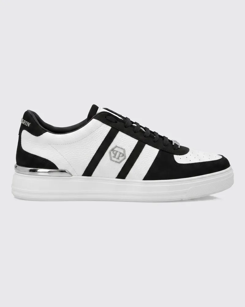 Philipp Plein Low-Top-Sneaker aus Leder mit Hexagon-Logo und runder Kappe Weiss