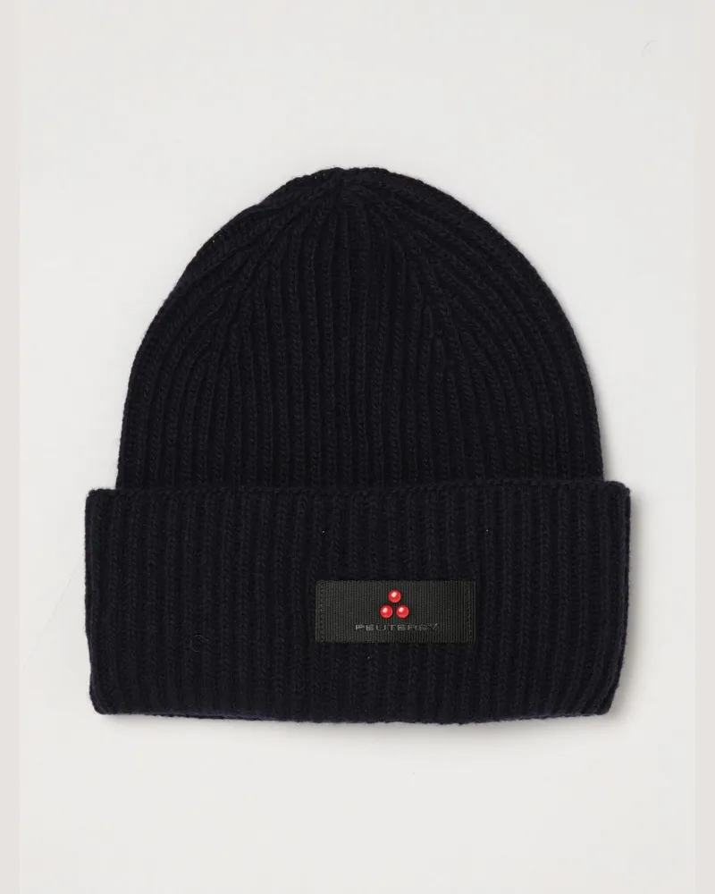 Peuterey Gerippte Beanie-Mütze aus Wolle und Kaschmir mit Umschlag und Logo Blau