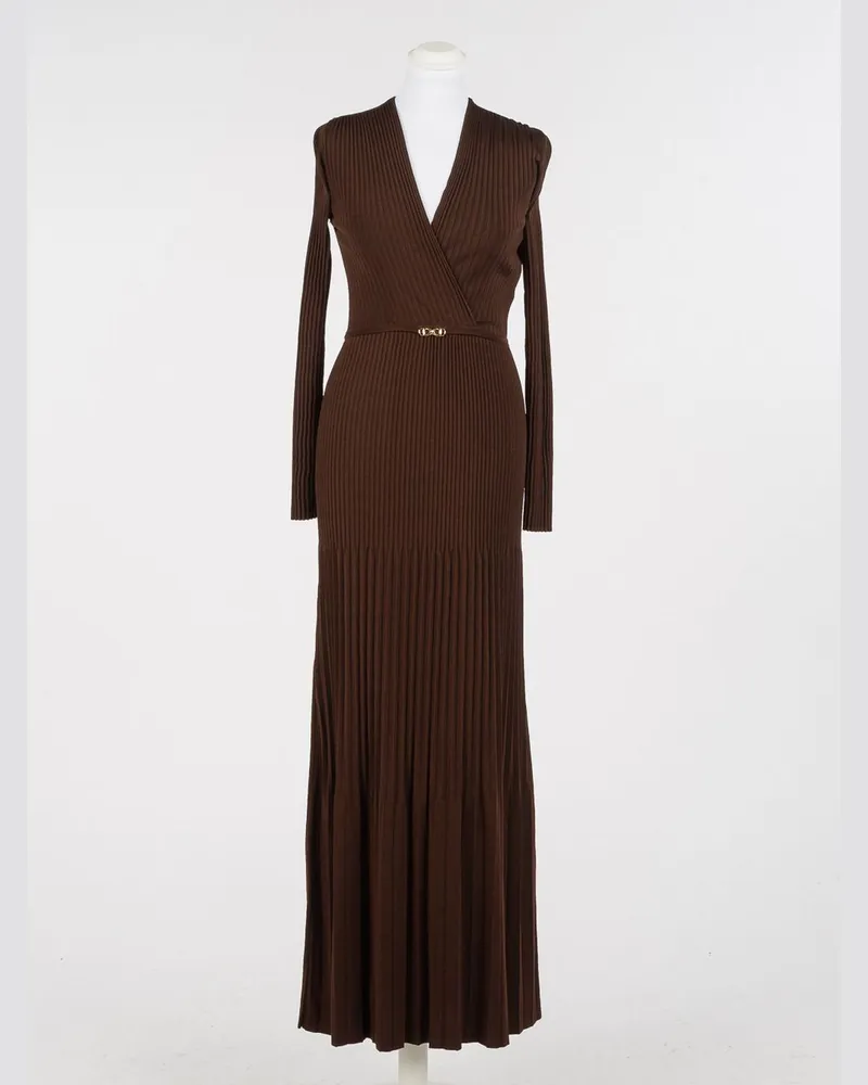 Twin-Set Schmal geschnittenes plissiertes Strick-Midikleid aus Viskose mit V-Ausschnitt und Gürtel Kaffee