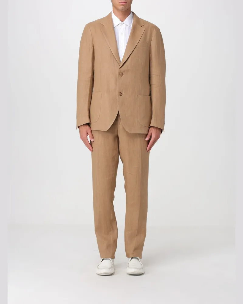 LARDINI Einreihiger Anzug aus reinem Leinen mit Zwei-Knopf-Sakko und aufgesetzten Taschen Beige