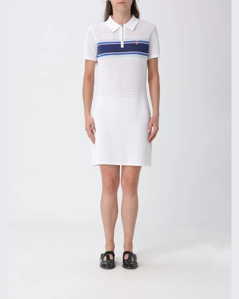 Casablanca Paris Gestreiftes Mini-Polokleid aus perforiertem Baumwoll-Strick Weiß