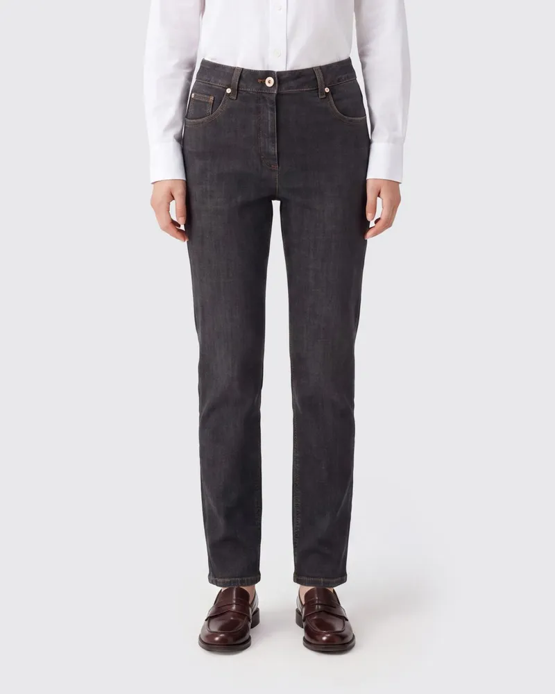 Brunello Cucinelli Low-Rise Skinny Jeans aus Denim mit Monili-Verzierung Grau