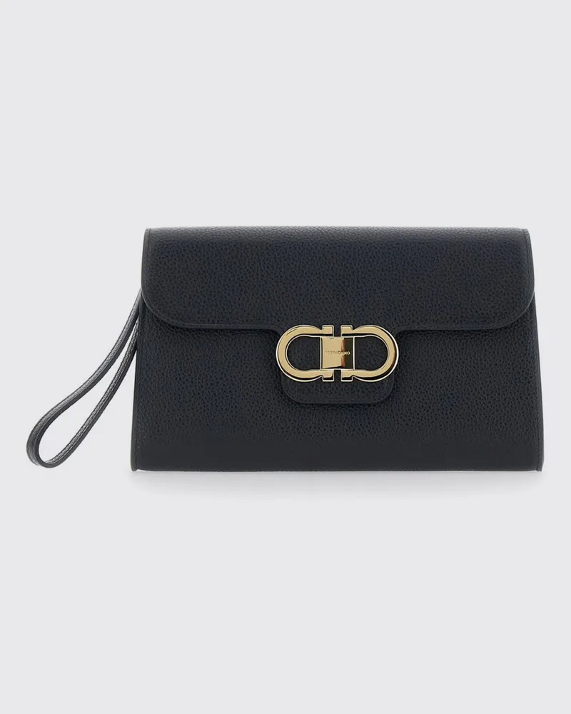 Ferragamo Gancini Pouch aus genarbtem Kalbsleder mit Handschlaufe Schwarz