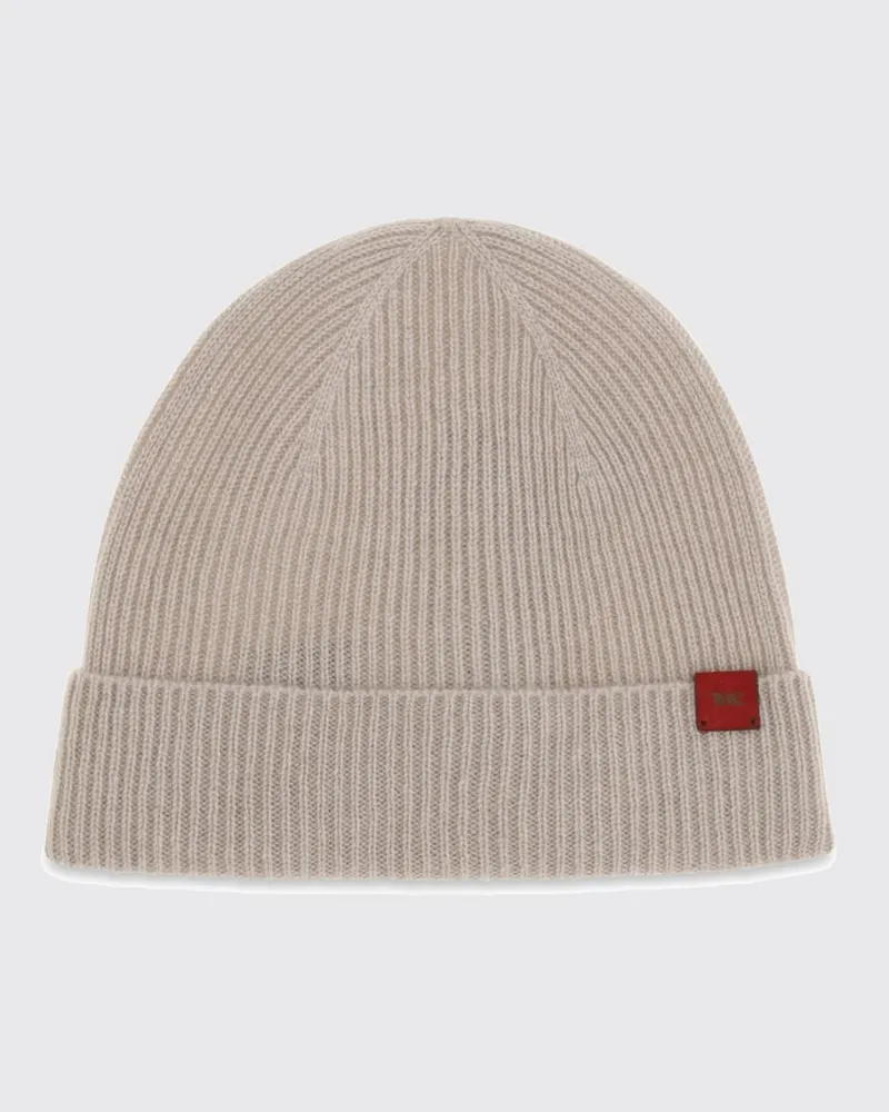 Kiton Gerippte Beanie aus Merinowolle mit Umschlag und appliziertem Logo Beige